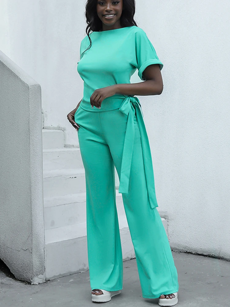 Streetwear Women 2Pcs Casual ddmysmile Sets Solid Color Tops And High Waist Wide Leg Pants Elegant Suits Lady Summer Outfits New Fashion Smile