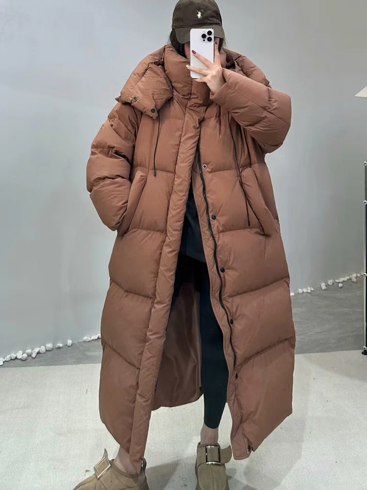 Janveny womens down jacket Korean loose hooded thick warm long duck down jacket winter inflatable jacket suitable for womens park jacket 241108