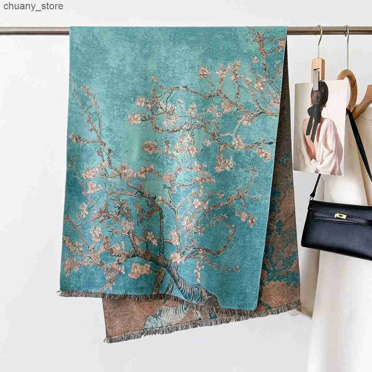 Scarves 2024 Retro Floral Print Thick Cashmere Scarf Women Winter Autumn Keep Warm Shawl Wraps Blanket Pashmina Poncho Tassels Bufanda L240910