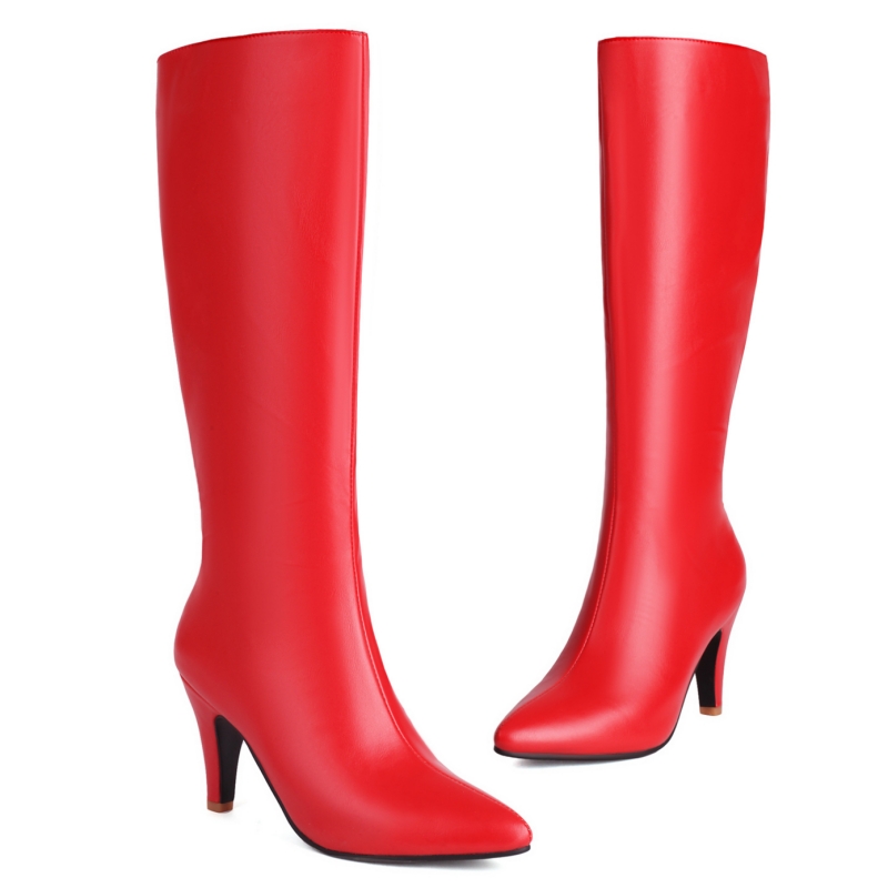 Women's Elegant Knee High Boots Red Brown Black Heeled Long Boot Female Large Size 48 Autumn Winter Party Shoes Ladies Footwear bafa