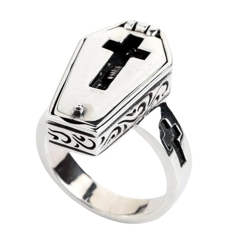 2023 New Halloween Retro Punk Flip Pattern Skull Coffin Neutral Simple Ring Creative Jewelry Party Gift