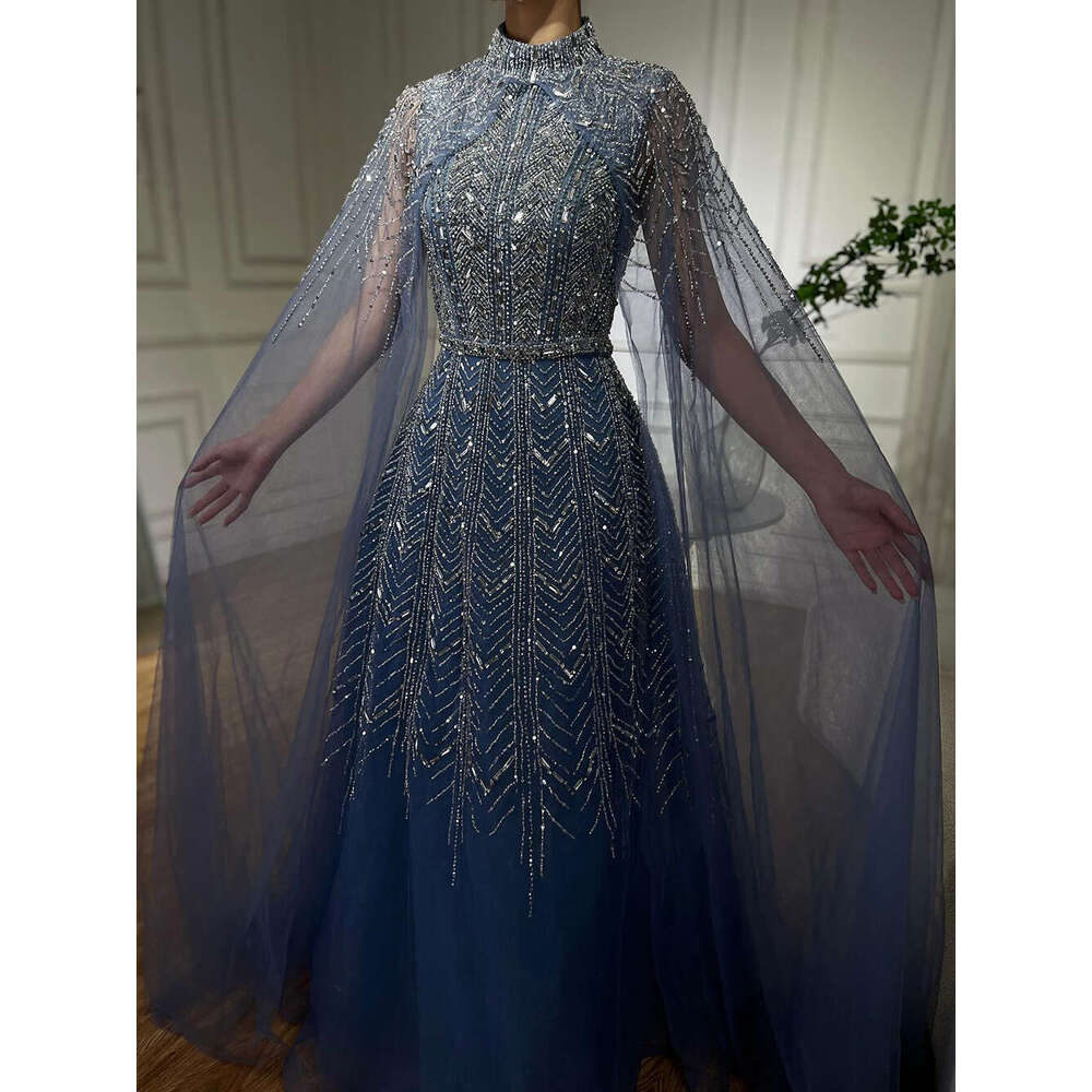 Blue Serene Hill Beaded Design A E Saudi Arabic Evening Dresses Gowns With Cape Sleeves For Ocn LA Customized Rabic Vening L 6660311