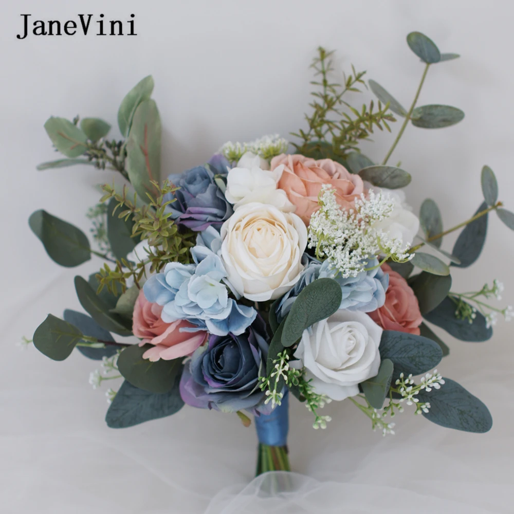 Wedding Janevini 2023 Romantic Bouquet Accessories For Bride Pink Blue Artificial Hand Holding Flowers ddmysmile Bouquets Ramo Para Novia Smile