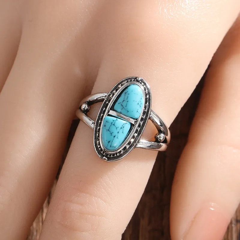 Ethnic Geometric Bohemian Style Natural Turquoise Ring for Women New Personalized Design Rings Vintage Jewelry Accessories Gifts smile