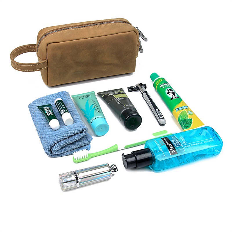 Genuine Leather Travel Cosmetic Bag For Men Travel Toiletry Bag Dopp Kit Organizer Large Capacity Vintage Crazy Horse Skin Bag