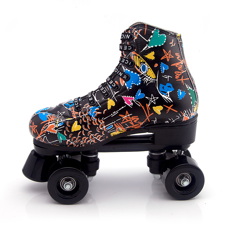 Women Gril Quad Graffiti 2025 Leather Figure Roller Skates Double new Line Skates Adult 2 Line Skating Shoes White 4 Wheels Flash