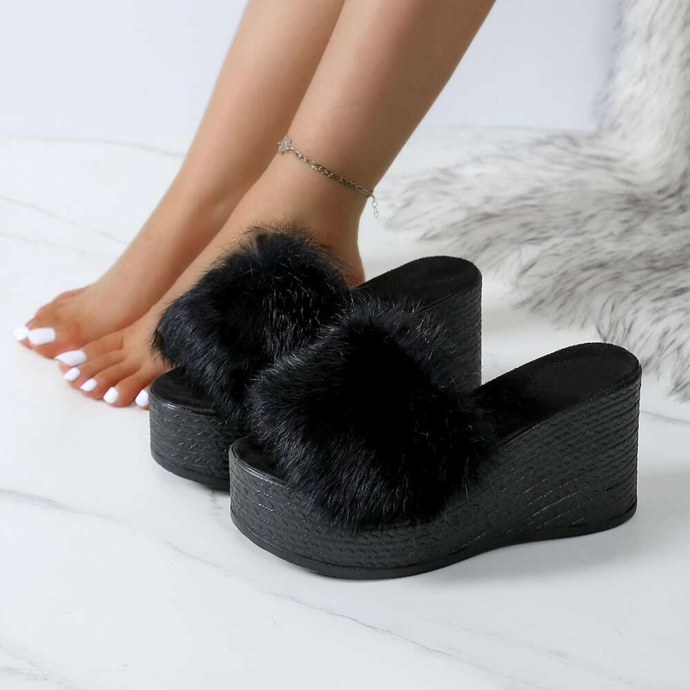 Women's Shoes. Slope Heel Slippers, Sponge Cake Waterproof Platform, Plush Straight Line Beach Shoes, Women's ddmythur