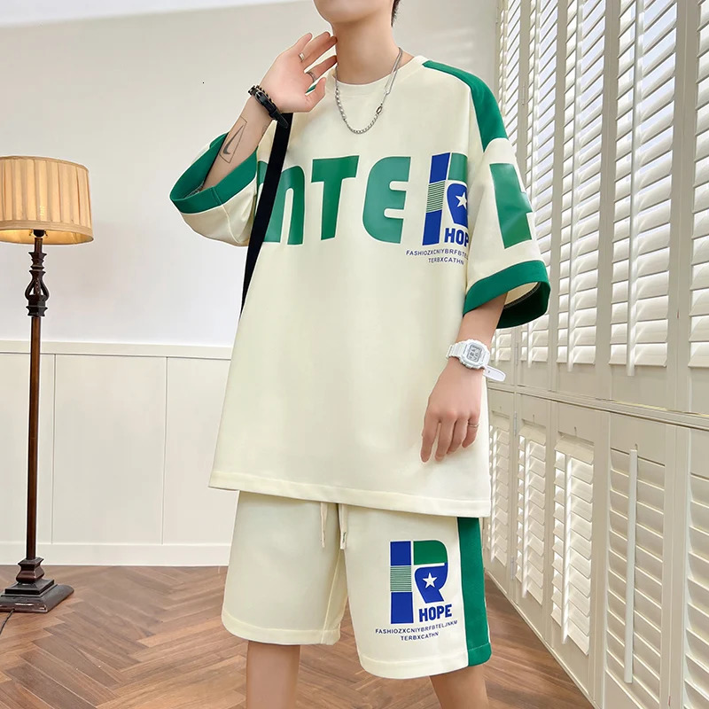 Summer Tracksuits Short Sleeve TShirtShorts Loose Two Piece Mens Sets Sportswear Top Tee KneeLength Pant Youth Clothing 240409