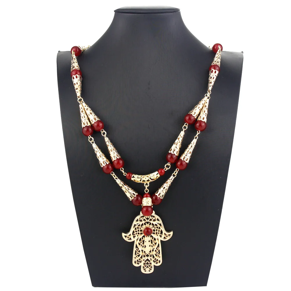 Pendant Fatima Chic Arabian Necklace for Women Gold Color Beaded Double Chain Necklace Morocco Bride Wedding Jewelry smile
