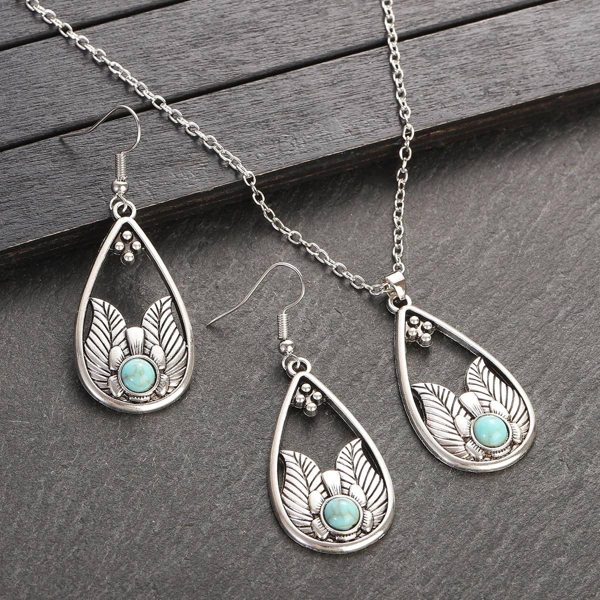 Ethnic Sier Color Classic Water Drop Jewelry Sets Ladies Bohemia Colorful Flowers Pendant Necklace Earring Woman Jewelry Gift smile
