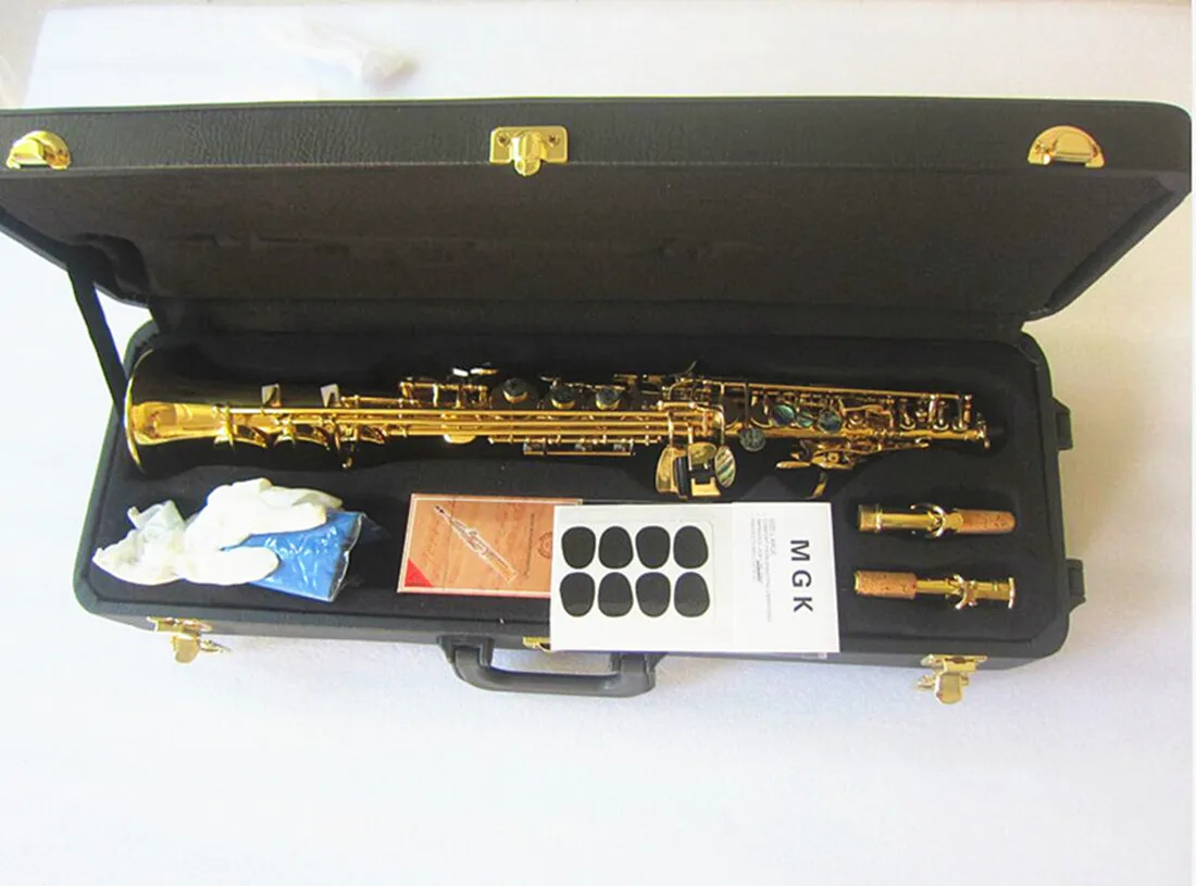 Brand New High quality Saxophone soprano BB straight flat wooden wind instrument key shell engraved pattern transport box