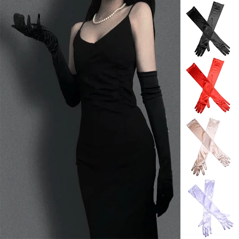 1 Pair Women's Evening Party Formal Gloves Solid Color Satin Long Finger Mittens Fore new 2025 vents Activities Red White Color