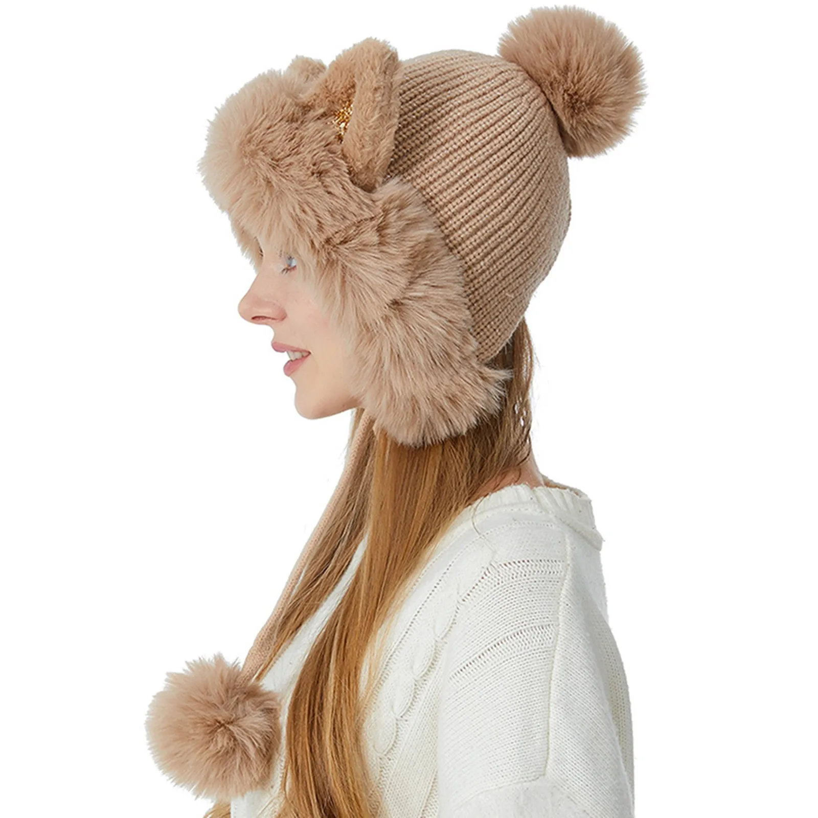 Thicken Elegant Girls Ski Snow Cap Cat Ear Cute Pompoms Winter Women Beanie Hats Female Skullies Warm Knit Hat Soft Outdoor Cap smile