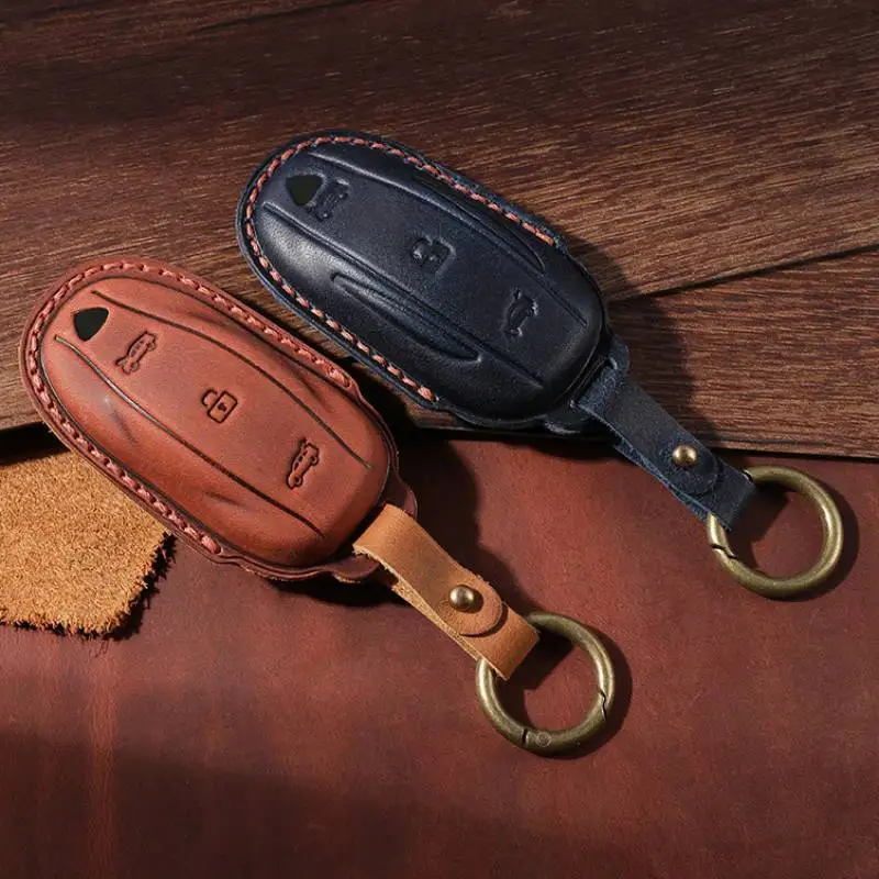 Horse Leather Crazy Retro Car Key Case Cover Keyring Holder for Tesla Model 3 Model X Model S Model Y Keychain Holder Fob Shell smile