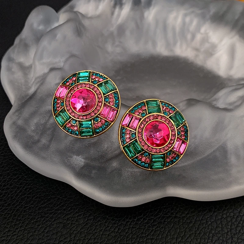 Jewelry Two-Piece Sets Women ddmysmile Rhinestone Round Earrings Necklace Set Retro Light Emerald Exaggerated Accessories Smile