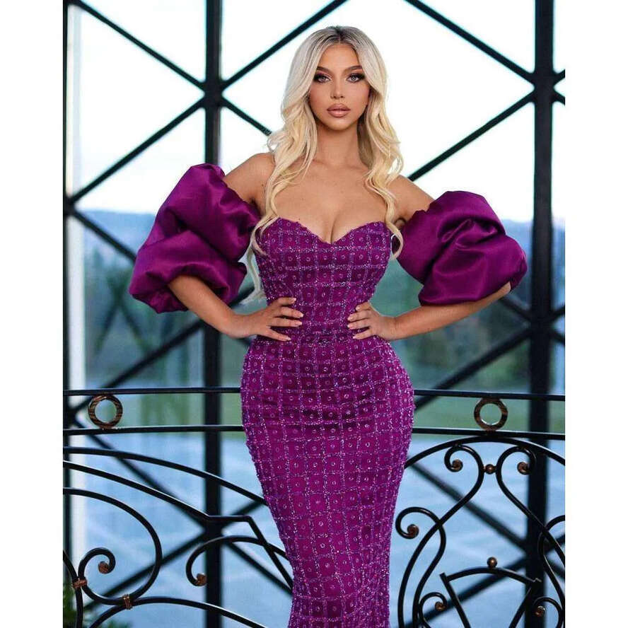 Gorgeous Evening Dresses Mermaid Strapless Beading Sequins Half Sleeve Prom Gown Party Dress Vestido De Noite Custom Made 0218