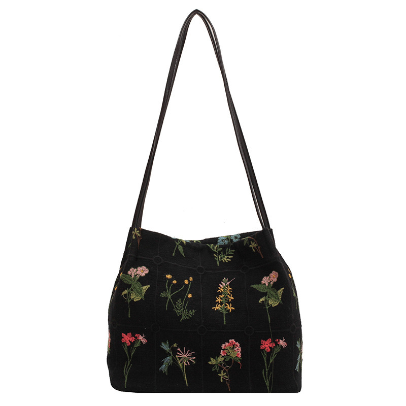 Large-capacity Embroidered Tote Bag Women Summer Trendy Cloth Bag Niche Embroidery Shoulder Bag Texture Bucket Bag Canvas Bag