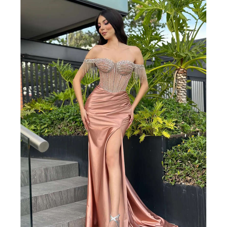 Rosy Gold Prom Dress Crystal Tassels Off Shoulder Evening Dresses Bodice Split Satin Formal Long Special Ocn Party Gown