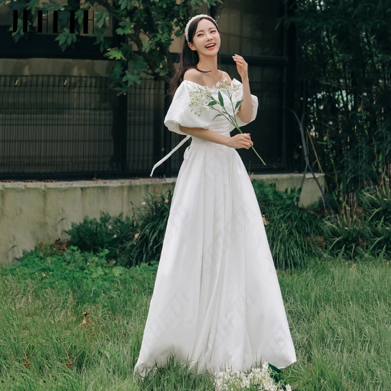JEHETH Boat Neck Pleat Korea Bridal Gowns Women Satin Puff Sleeves Wedding Dresses Simple A-Line new 2025 Sweetheart Vestidos De Novia