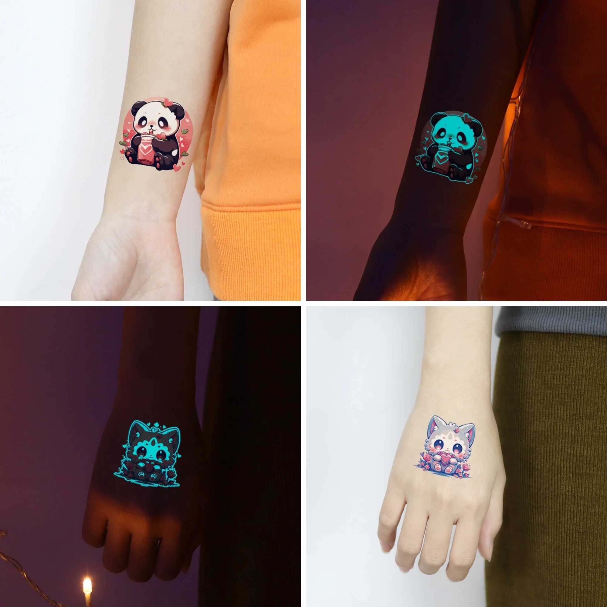25 blue glowing tattoo stickers cartoon cute cats dogs pandas foxes pets temporary tattoos watercolor fake tattoos W241109