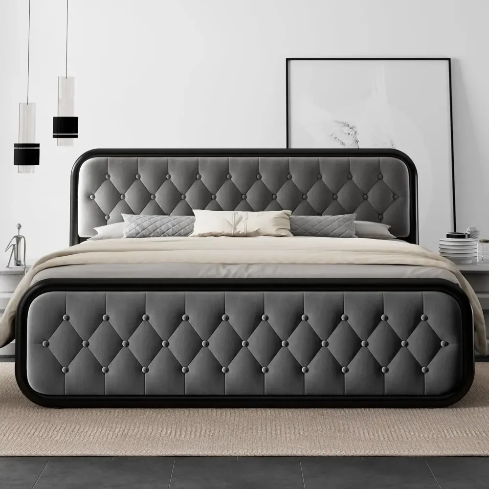King Size Bed Frame Heavy Duty Bed Frame With Faux Leather Headboard Bedroom Furniture 12" Under-Bed Storage Black