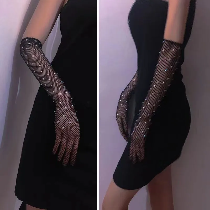 Rhinestone Long Fishnet Sexy Hand Gloves Women Stretchy Shiny Dia Black Lace Gloves Club Full Finger Ultra-Thin Mesh Mittens smile