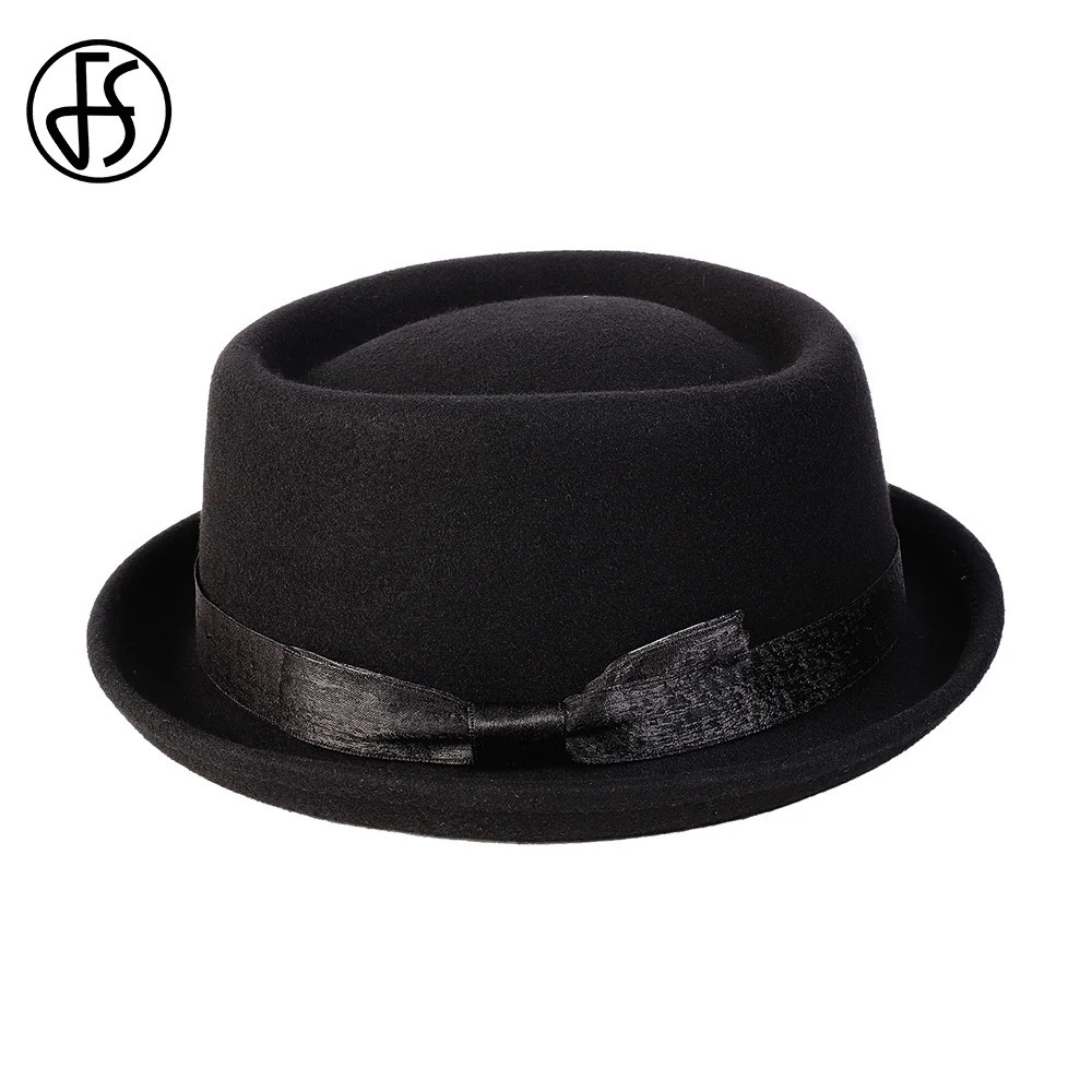 FS 2024 Black Pork Chop Hat Wool Felt Bow Mens Fedora Jazz Hat Church Panama Gangster Hat Mens Fashion Pigskin Hat 241108