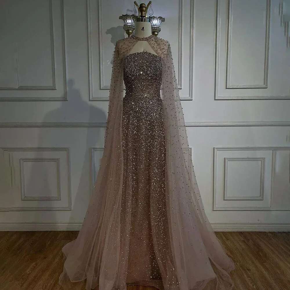 Customized Arabic Blue Saudi Evening Gown A E Elegant Cape Sleeves Beaded Dress For Formal Ocn LA legant mal L