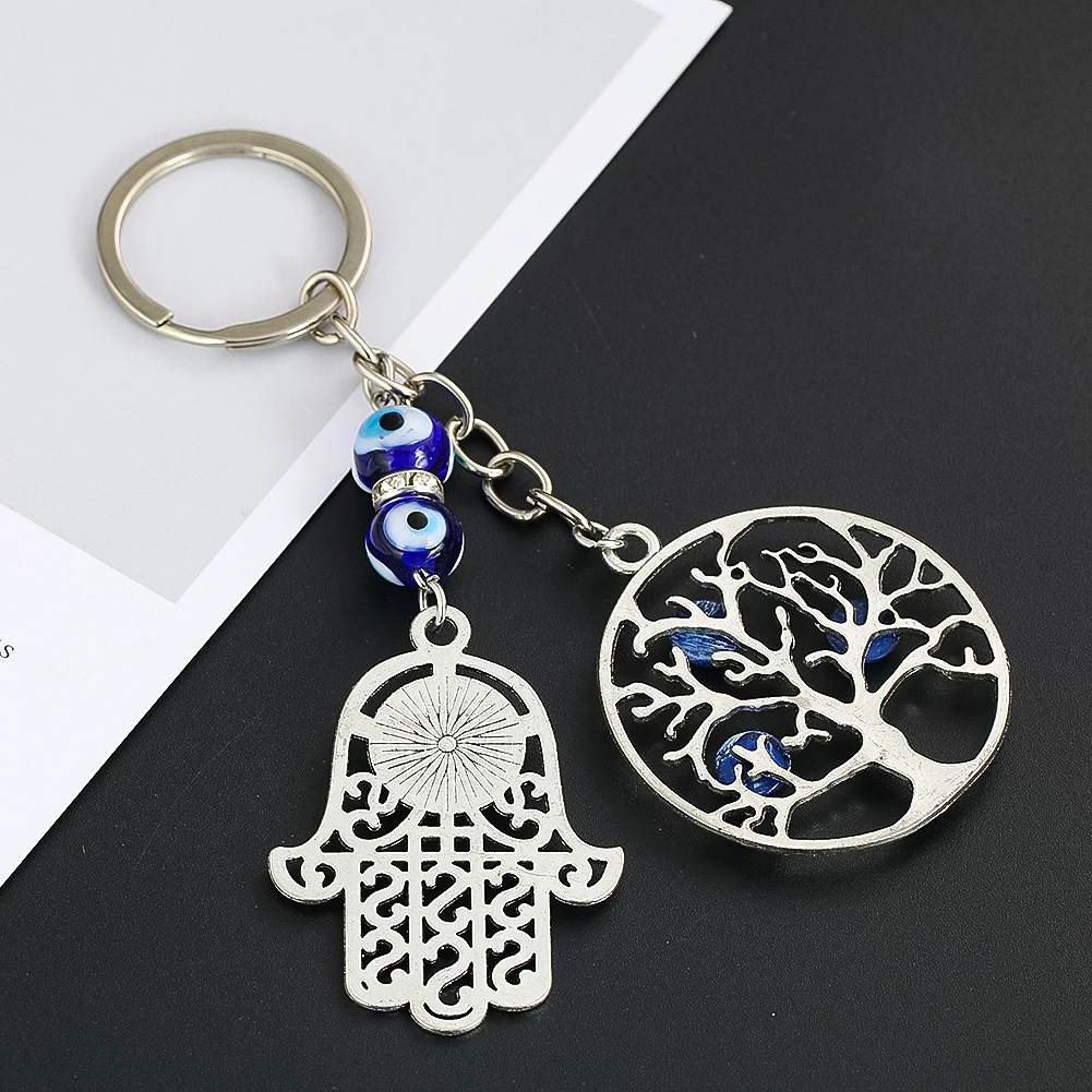Life Of Energy Tree Hamsa Fatima Hand Palm Turkish Blue Devil Eye Metal Pendant Keychain Lucky Fortune ddmysmile Mascot Purse Dangle Decor Smile