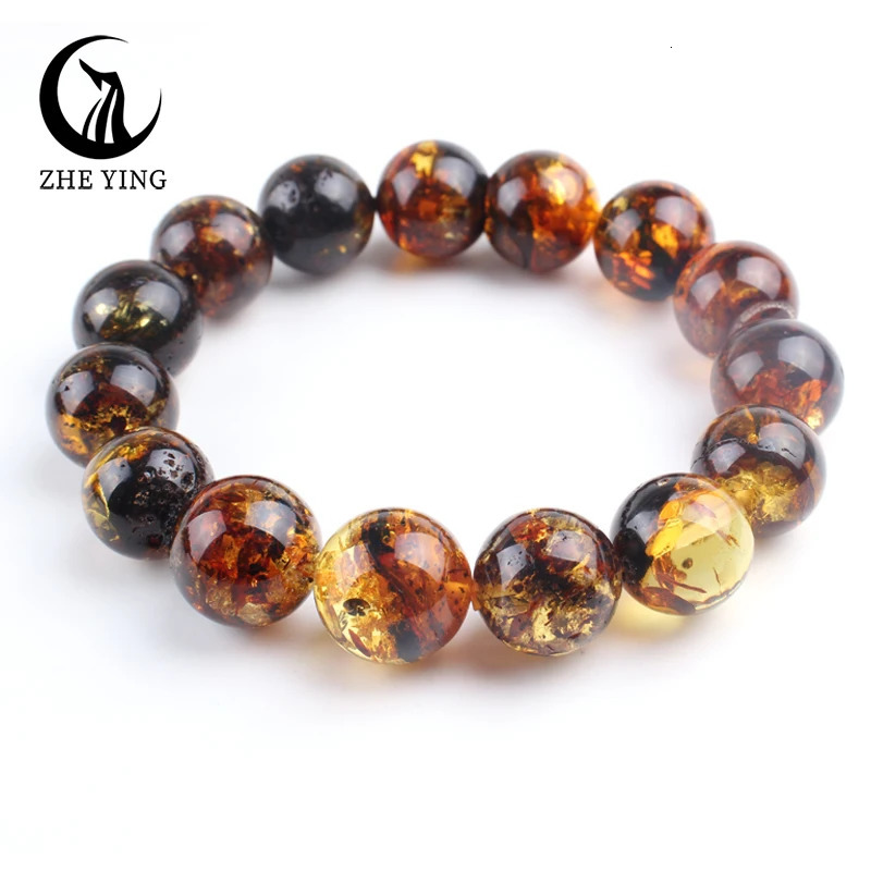 13-14mm large bead Piebald Amber natural bracelet round stone beads casual fashion womens and mens jewelry genuine Amber Anklet gift 241108