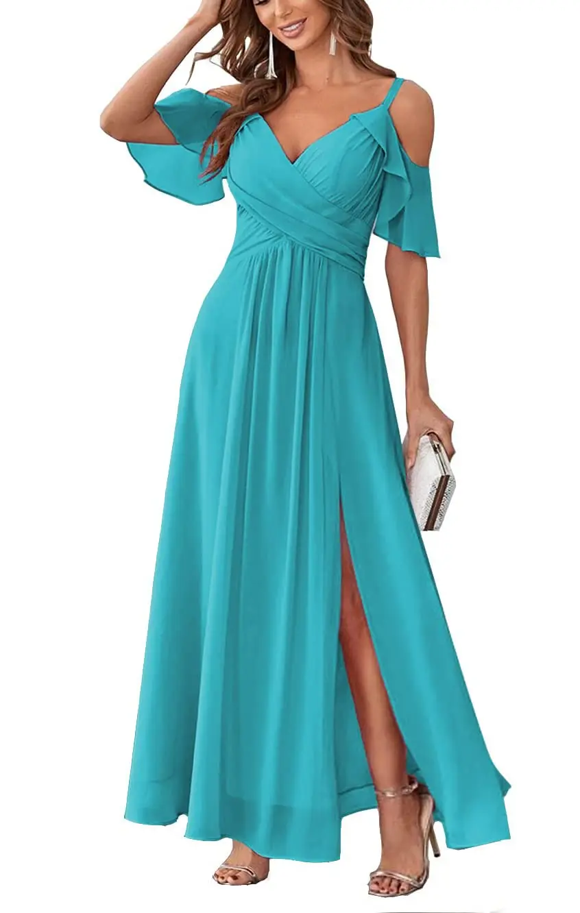 CloverBridal Cold Shoulder Summer Junior Bridesmaid 2025 new Dresses Corset Back Floor Length A-line High Slit Wedding Party Gown WB9819