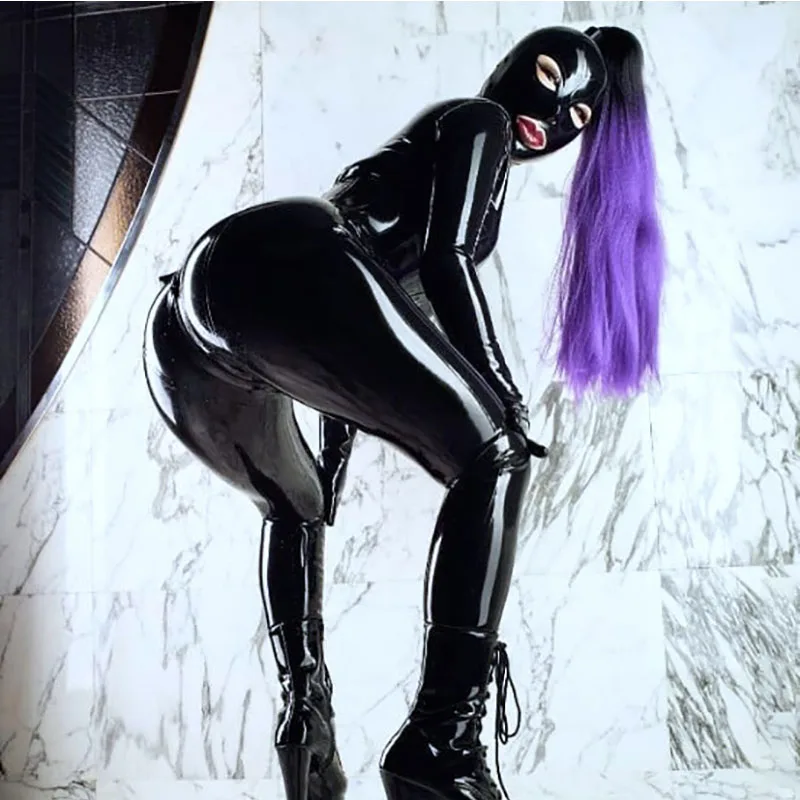 Women Catsuit Black Latex Full Bodysuit Leotard Latex Clothing Sexy Lady Handmade Rubber Catsuit with Hood Gloves Socks smile