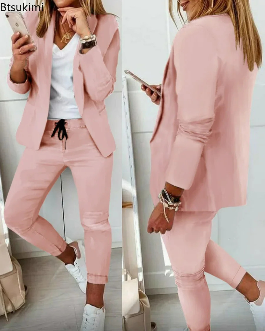 Womens Two Piece Pant Suit Set Outfits Spring Autumn Turn Down Print Blazer Coat Drawstring Pants Women Casual Sets 240329
