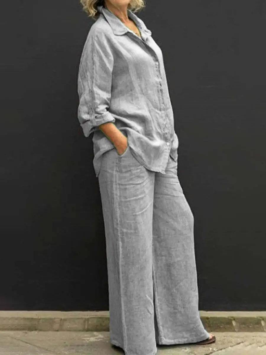 Women Linen Casual Shirt 2 Pieces Set Lapel Button Blouse Trousers Outfits Loose Wide Leg Pants Suits Plus Size Autumn Winter 240321