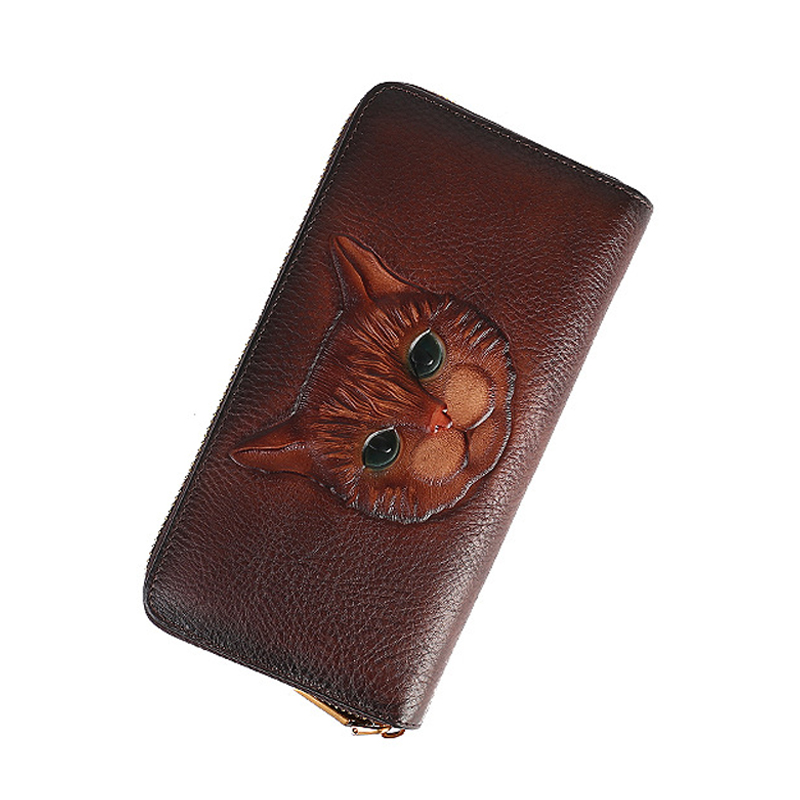 Genuine Leather Long Wallet for Women Purse ID/Credit Card Cash Holder Cat Pattern Retro Female Cowhide Money Purses Bag