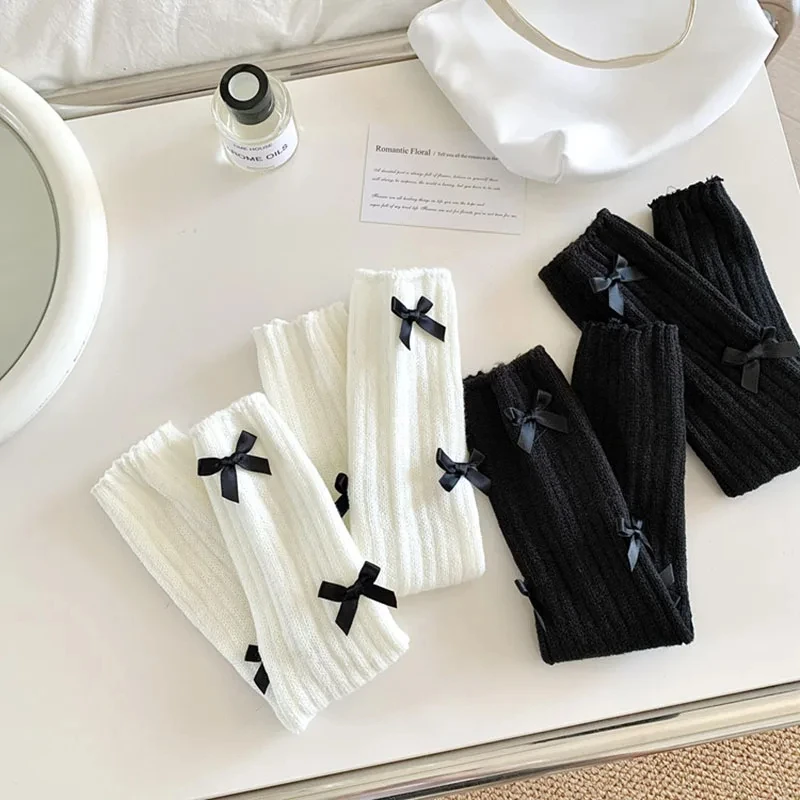 Women's Socks Winter Warm Japanese Style Cute Lolita Warm Feet Cover Kawaii White Bow Tie Warm Knitted Socks ddmysmile Warmers Accessories Smile