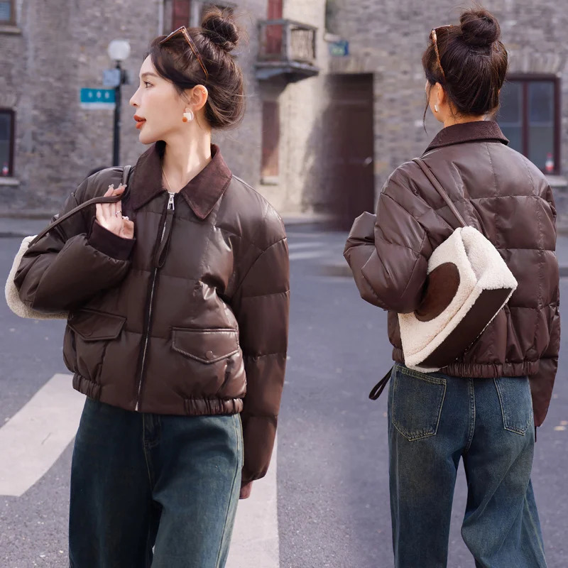 Womens down jacket vintage collar jacket brown PU leather shorts Korean loose winter jacket womens clothing 241108