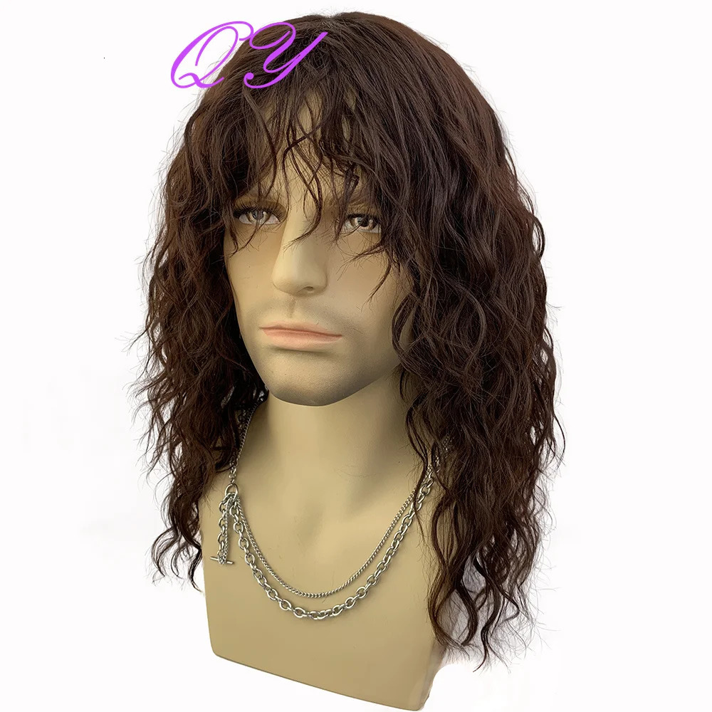 Synthetic Mens Wig Long Brown Natural Curly Rock Man Wig With Bangs Party Or Cosplay Adjustable Water Wave Male Hair Wig 241108