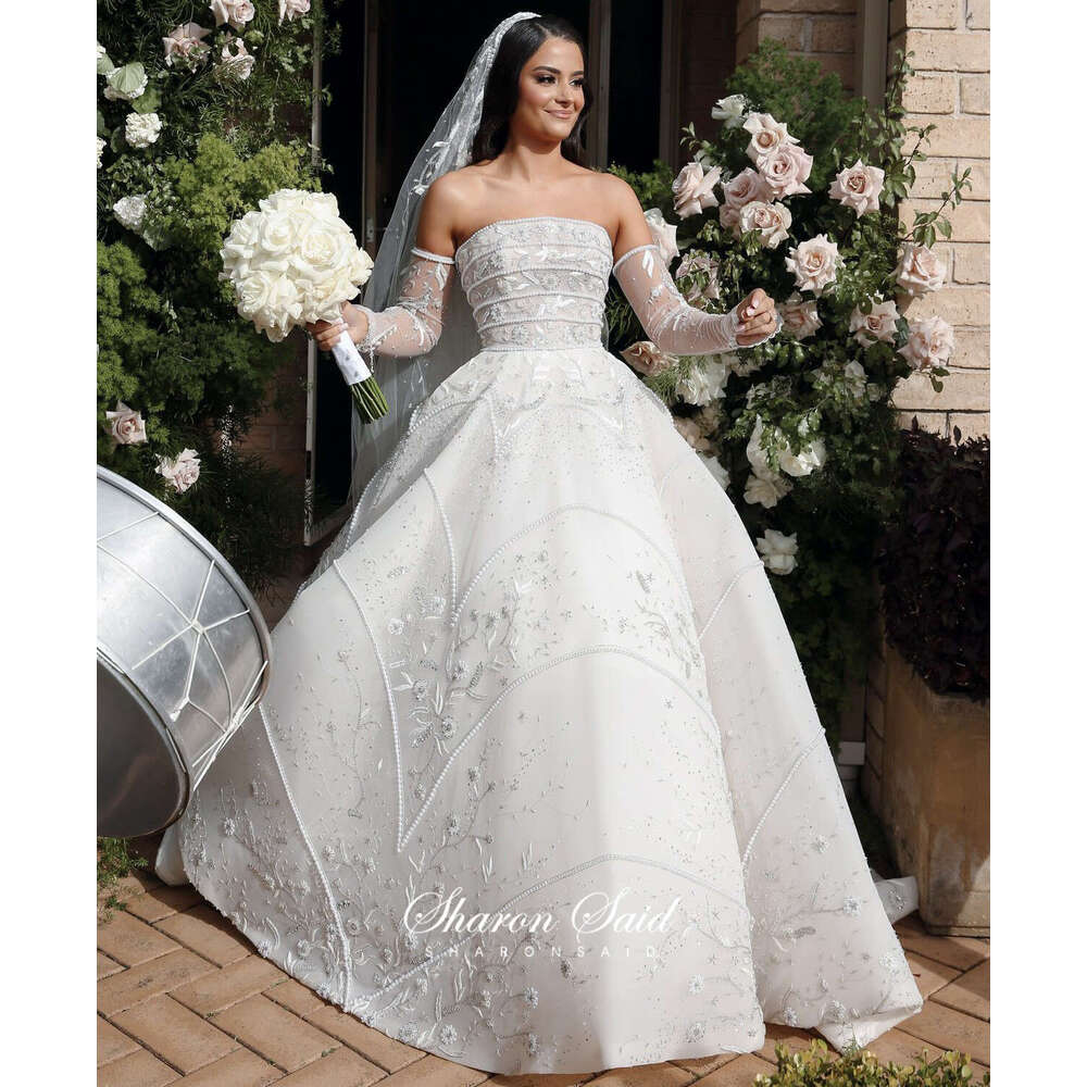 Arabic Sharon Said Strapless Dubai Wedding Dresses Long Sleeves Vestido De Novia Elegant Women Bridal Gowns Sw021
