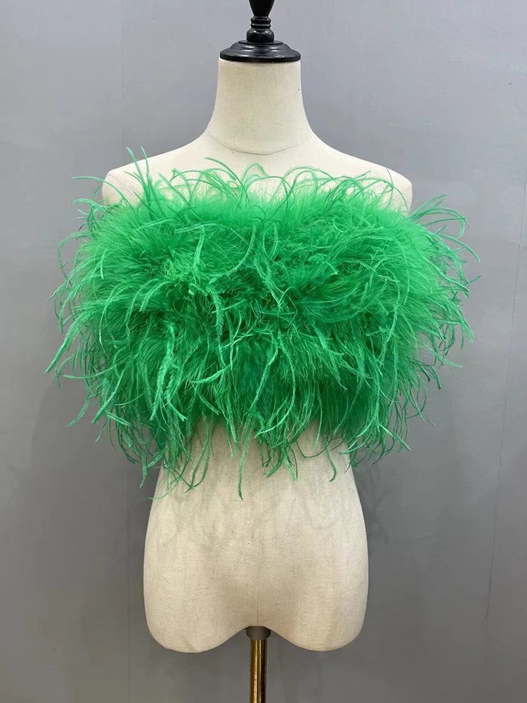 Spring Summer Club Ostrich Feather Elastic Top Bra Women Straples Turkey Bustier Wedding Lady Party Wrap Shirt S8638C 241108