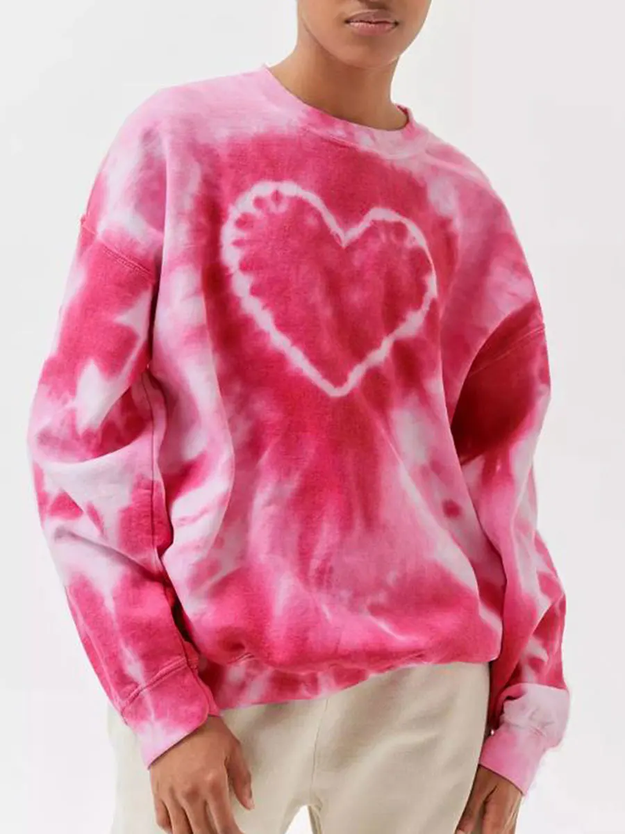 Heart Tie Dye Print Sweatshirts for Women Spring Autumn Loose Long Sleeve Crewneck Pullovers Tops Y2K Grunge Hoodie Streetwear