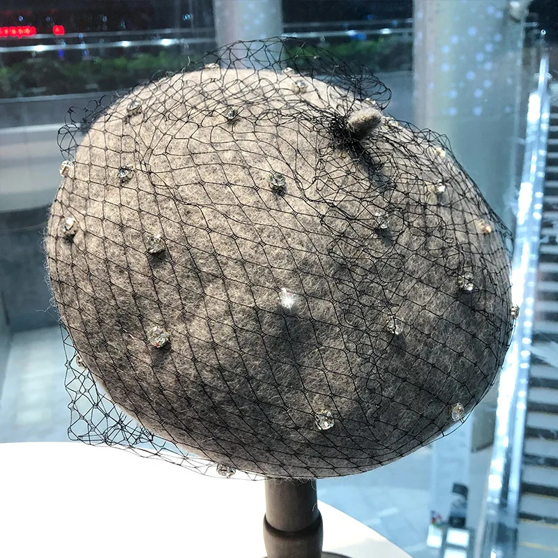 Pearl Caps Dia Water Autumn Winter Female Beanie Pumpkin Women Mesh Veil Wool Beret ddmysmile Vintage New Trend Painter Hat Smile