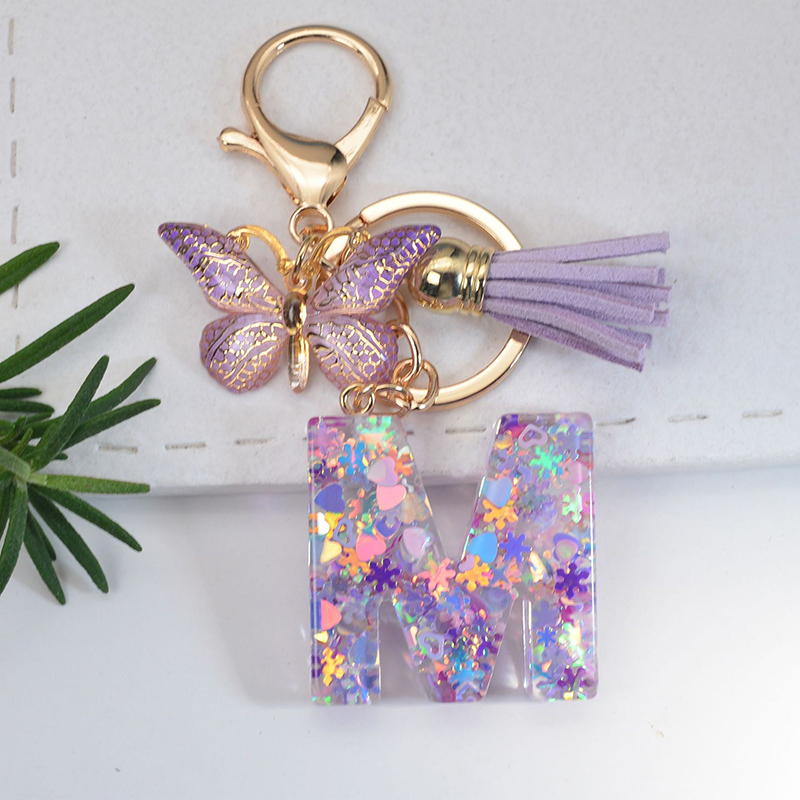 fa ba Letter Butterfly Sequin A Z Shiny Keychain Resin Couple Initial Purple Stars Filled Pendant Keyrings Bag Car Key Charm Ornament