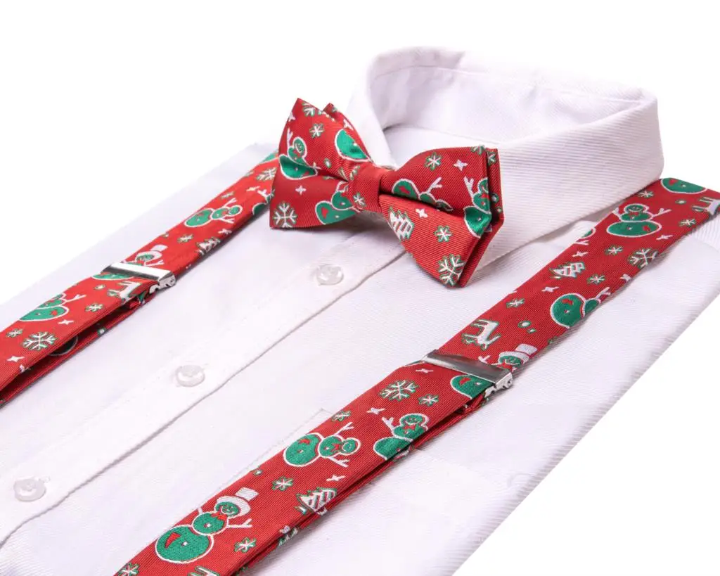 Silk Christmas Red Hi-Tie Mens Braces Jacquard Bowtie Hanky Cufflink Y Back Clip On Adjustable Suspender Bowtie Wedding smile