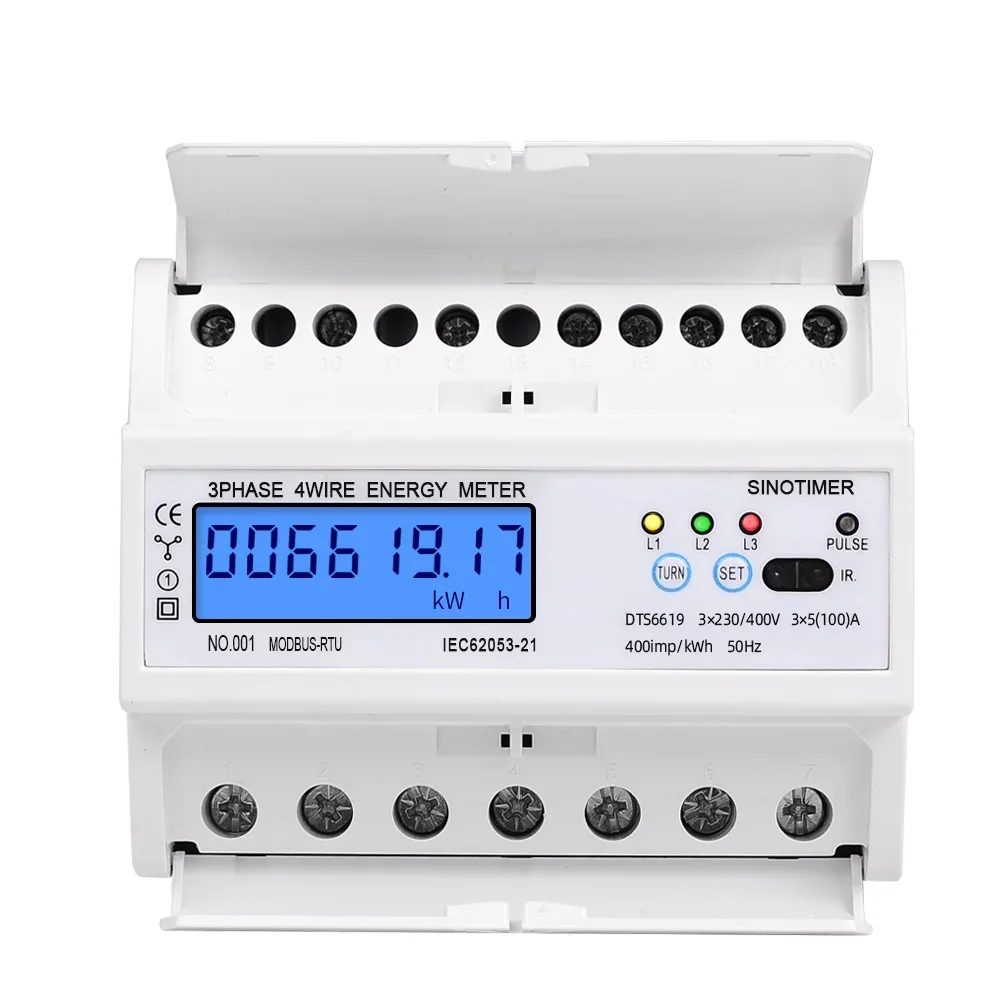3 Phase 4 Wire RS485 Modbus 380V 100A DIN Rail Energy Meter Digital Backlight Power Factor Monitor with Voltage Current Display