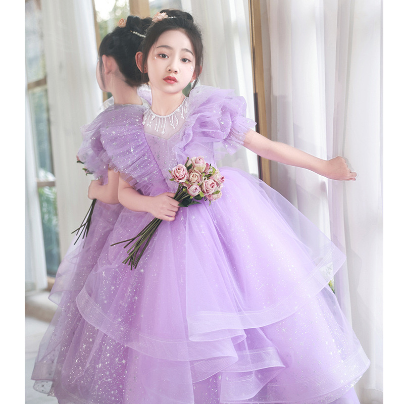 purple Princess Flower Girls Dresses for Weddings sequined Kids Formal Wear Beads Long Pageant Dress First Communion Dress little Girls Tulle Toddler 