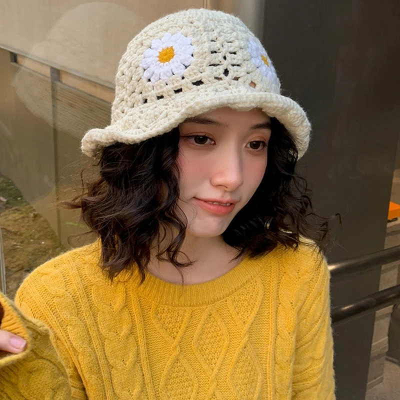 Hat Crochet Flower Bucket for Woman Breathable Multi-color Weaving Wide Brim Bucket Hat Adult Teens Summer Fisherman Cap smile