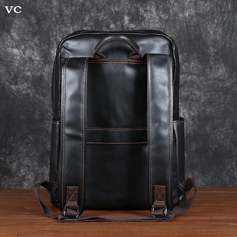 Double Men's Shoulder Leather Baothead Layer Cowhide Backpack Large Capacity Travel Bag Leisure School Bag Simple Computer Bag smile