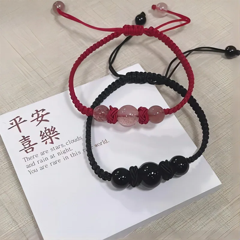Red Crystal Obsidian Strawberry Rope Woven Couple Bracelets Charming Braided Rope Natural Lovely Adjustable Niche Designed Style smile
