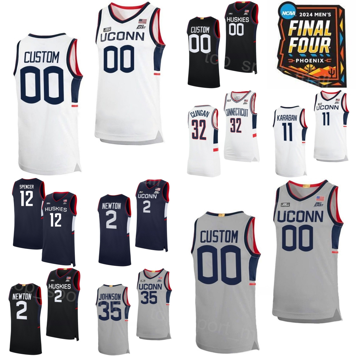 2024 Final Four College UConn Huskies Jersey Connecticut Basketball 11 Alex Karaban 2 Tristen Newton 5 Stephon Castle 32 Donovan Clingan Cam Spencer Samson Johnson